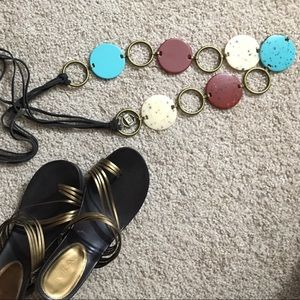 Vtg Circles & Leather Fringe Tie Link Belt - OS